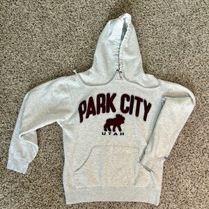 Blue 84 Park City Utah Heavy Gray Hoodie Burgundy Letters & Moose Patches Small